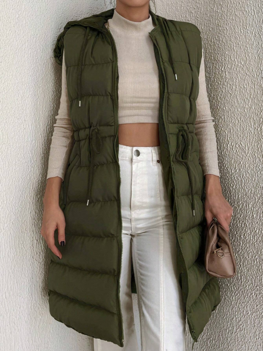 Drawstring Waist Zipper Hooded Vest Puffer Coat