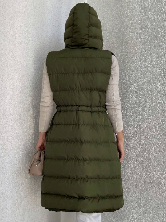 Drawstring Waist Zipper Hooded Vest Puffer Coat