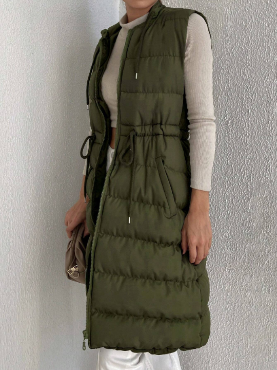 Drawstring Waist Zipper Hooded Vest Puffer Coat