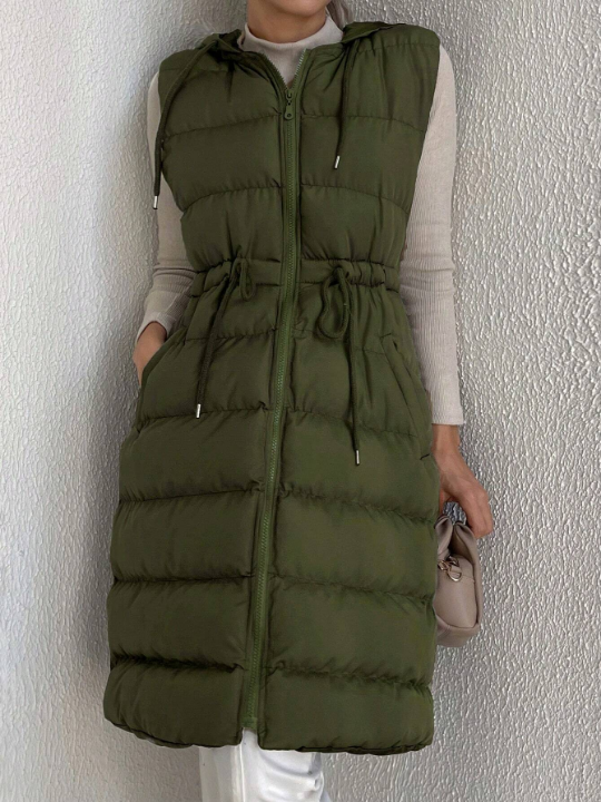 Drawstring Waist Zipper Hooded Vest Puffer Coat