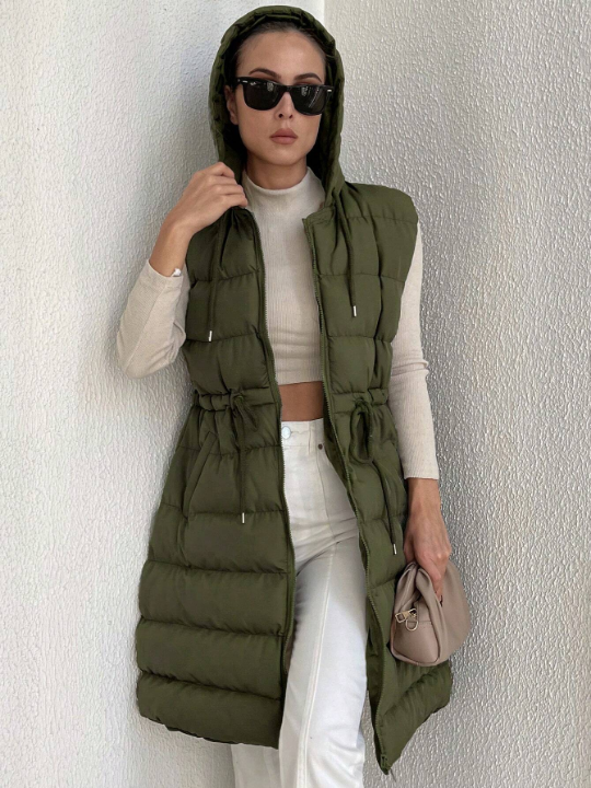 Drawstring Waist Zipper Hooded Vest Puffer Coat