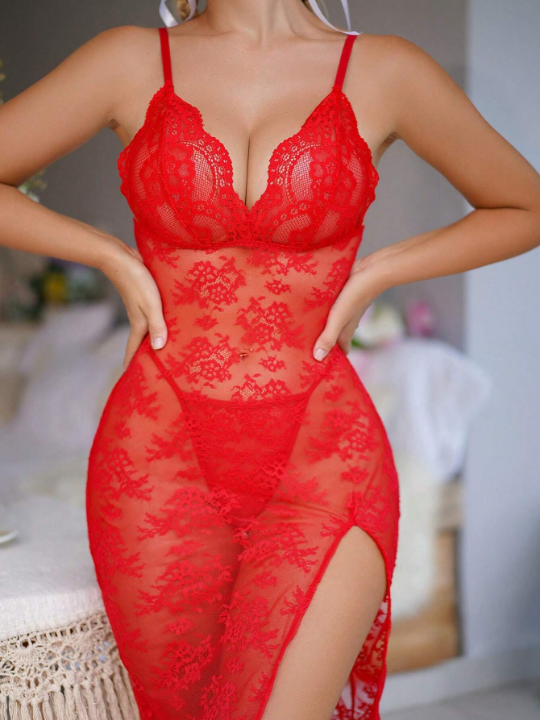 Women's Red Lace High-Slit Sexy Lingerie