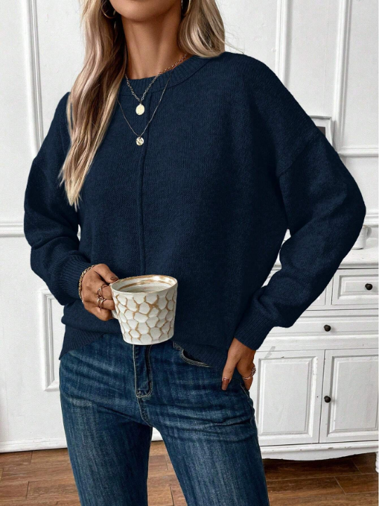 LUNE Casual Round Neck Solid Color Pullover Sweater