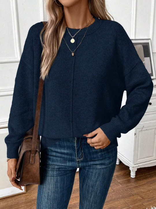 LUNE Casual Round Neck Solid Color Pullover Sweater