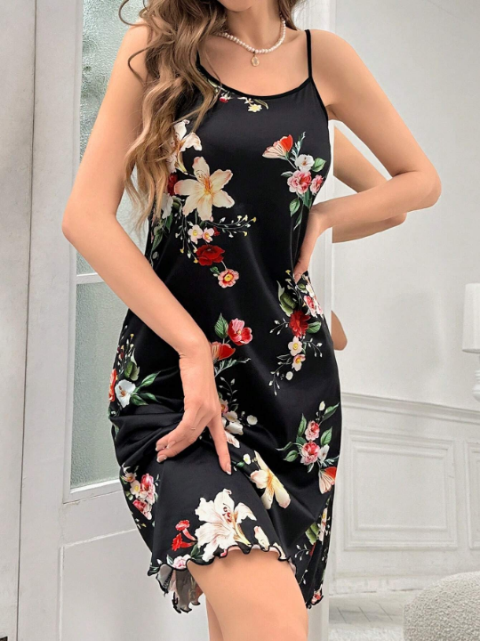 Women's Flower Print Spaghetti Strap Sleepwear Nightgown