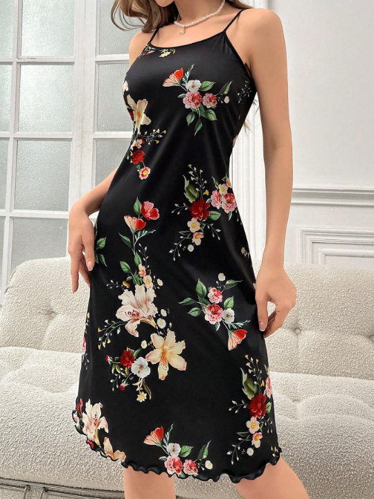 Women's Flower Print Spaghetti Strap Sleepwear Nightgown