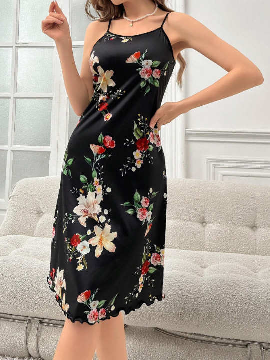 Women's Flower Print Spaghetti Strap Sleepwear Nightgown