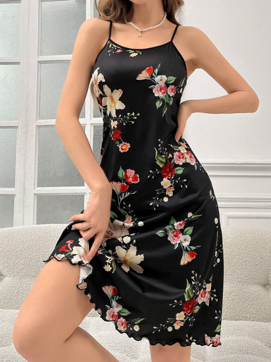 Women's Flower Print Spaghetti Strap Sleepwear Nightgown