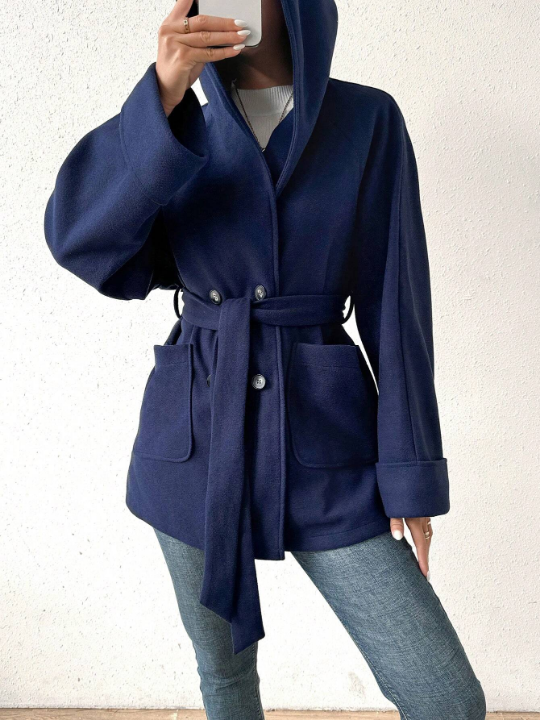 Essnce Double Pocket Long Sleeve Hooded Woolen Coat