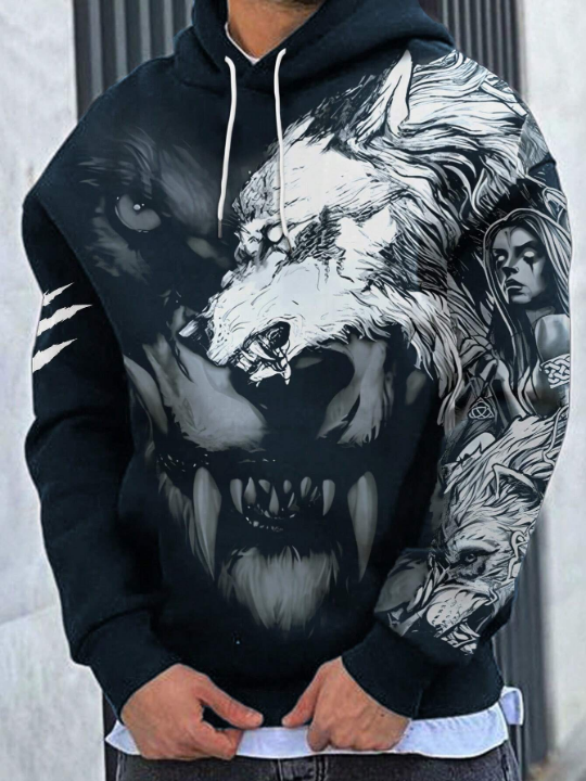 Manfinity LEGND Men's Character & Wolf Print Fleece Hoodie With Drawstring