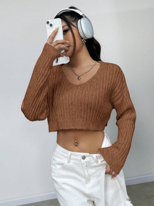 Ladies' Solid Color V-Neck Drop Shoulder Knitted Sweater