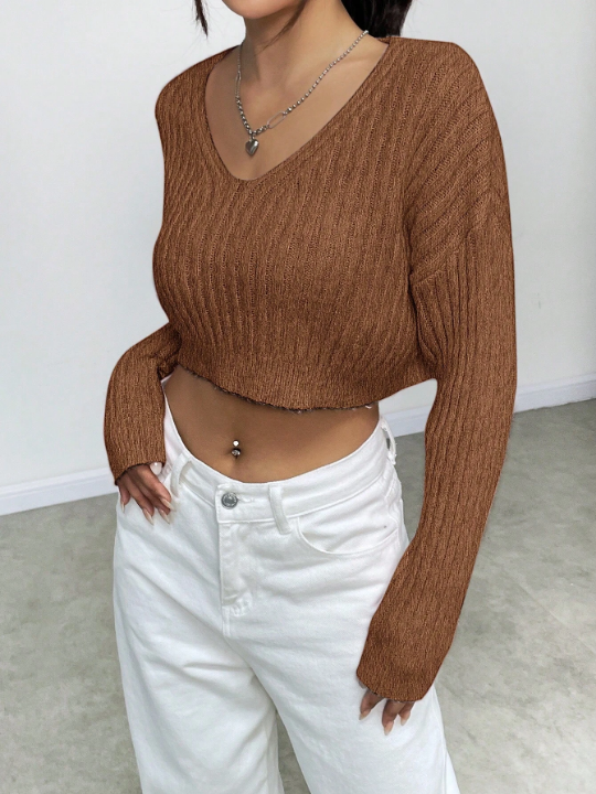 Ladies' Solid Color V-Neck Drop Shoulder Knitted Sweater