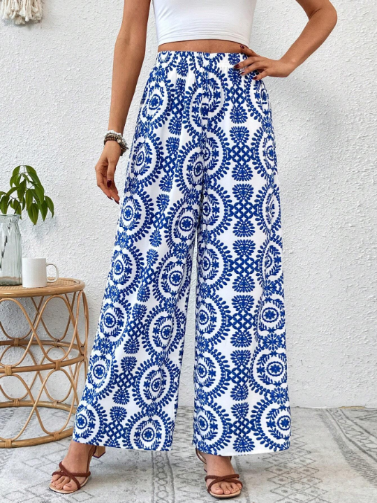 VCAY Women's Full-print Wide Leg Pants