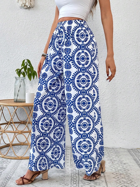 VCAY Women's Full-print Wide Leg Pants