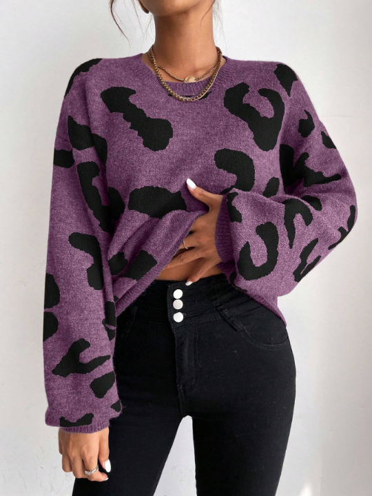 Frenchy Women'S Leopard Print Drop Shoulder Sweater