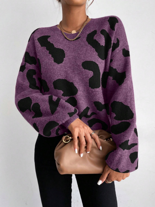 Frenchy Women'S Leopard Print Drop Shoulder Sweater