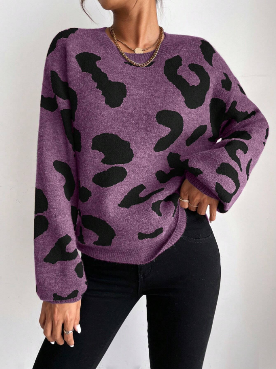 Frenchy Women'S Leopard Print Drop Shoulder Sweater