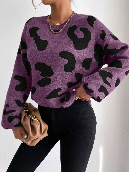 Frenchy Women'S Leopard Print Drop Shoulder Sweater