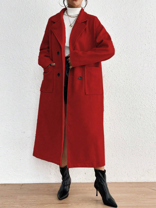 Priv Women's Simple Solid Color Double-breasted Long Woolen Coat