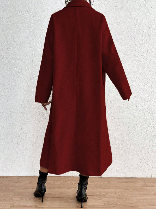 Priv Women's Simple Solid Color Double Breasted Long Wool Coat