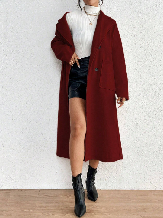 Priv Women's Simple Solid Color Double Breasted Long Wool Coat