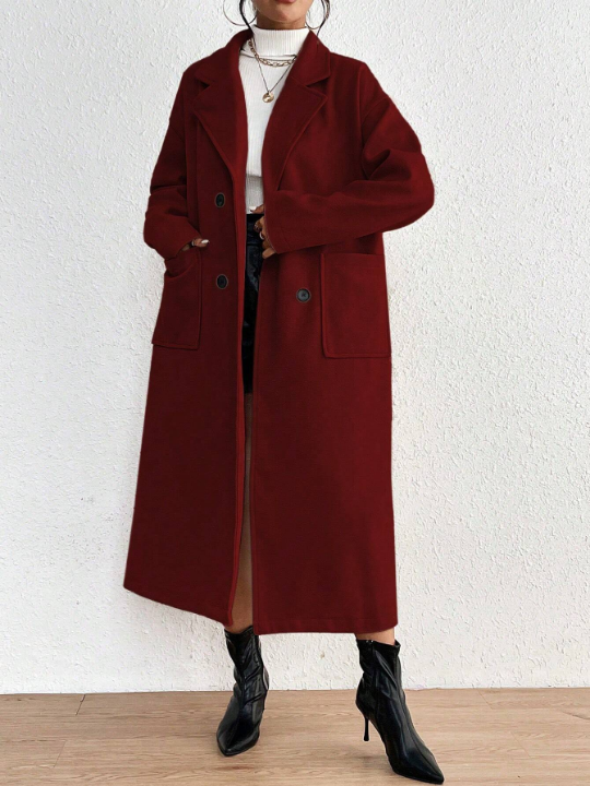 Priv Women's Simple Solid Color Double Breasted Long Wool Coat