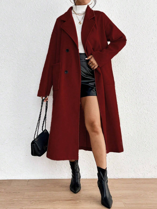 Priv Women's Simple Solid Color Double Breasted Long Wool Coat