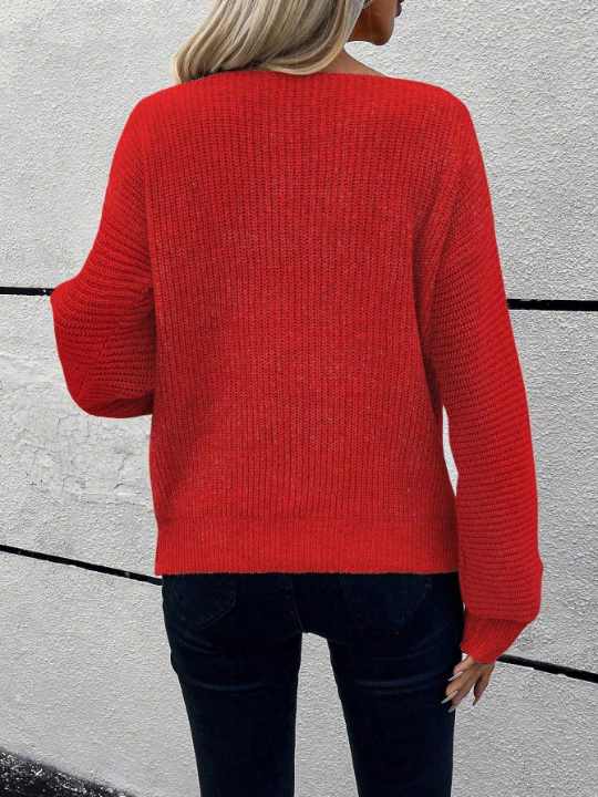 LUNE Solid Drop Shoulder Ribbed Knit Sweater