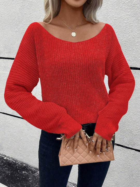 LUNE Solid Drop Shoulder Ribbed Knit Sweater