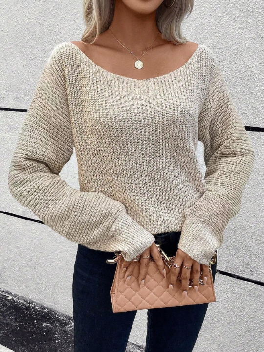 LUNE Solid Boat Neck Ribbed Knit Sweater