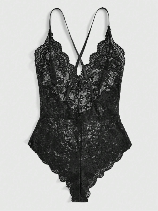 Sweetness Women's Sexy Deep V-neck Lace Bodysuit
