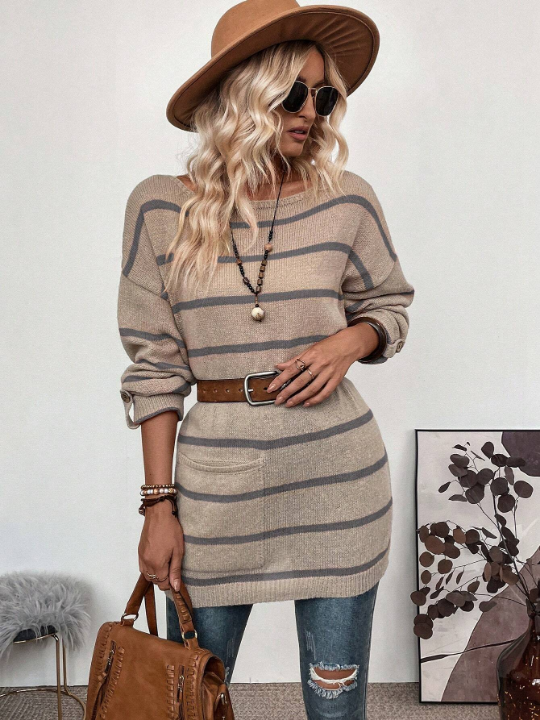 LUNE Women's Round Neck Striped Drop Shoulder Loose Fit Casual Sweater With Patch Pockets