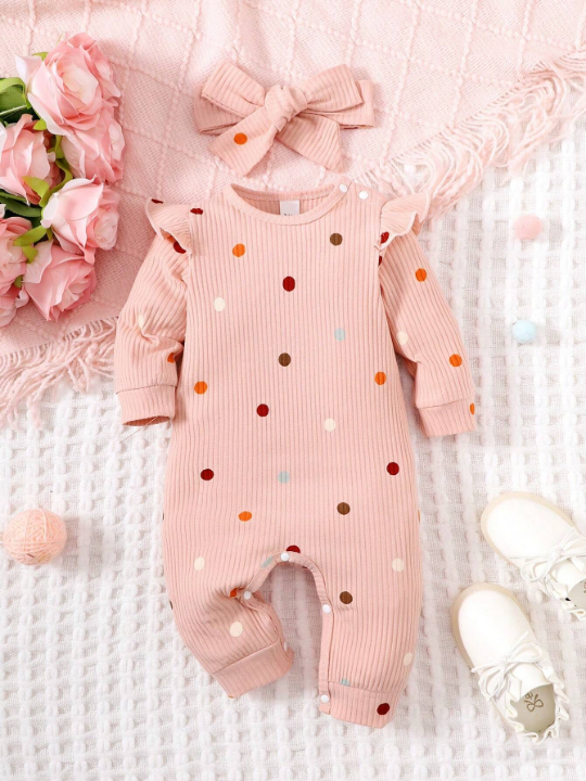 Baby Girls' Polka Dot Print Flying-Sleeved Jumpsuit