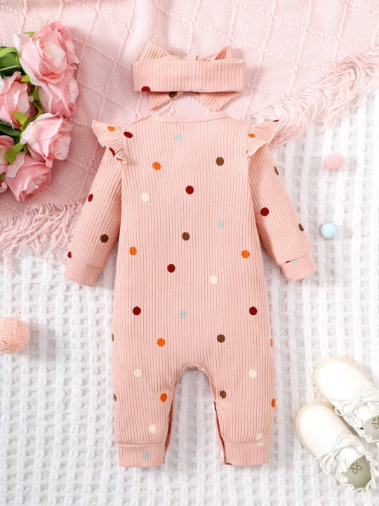 Baby Girls' Polka Dot Print Flying-Sleeved Jumpsuit