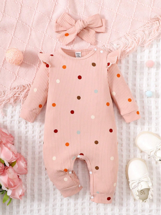 Baby Girls' Polka Dot Print Flying-Sleeved Jumpsuit