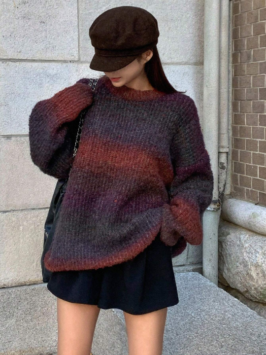 Dazy-Less Gradient Round Neck Loose Fit Sweater With Drop Shoulder