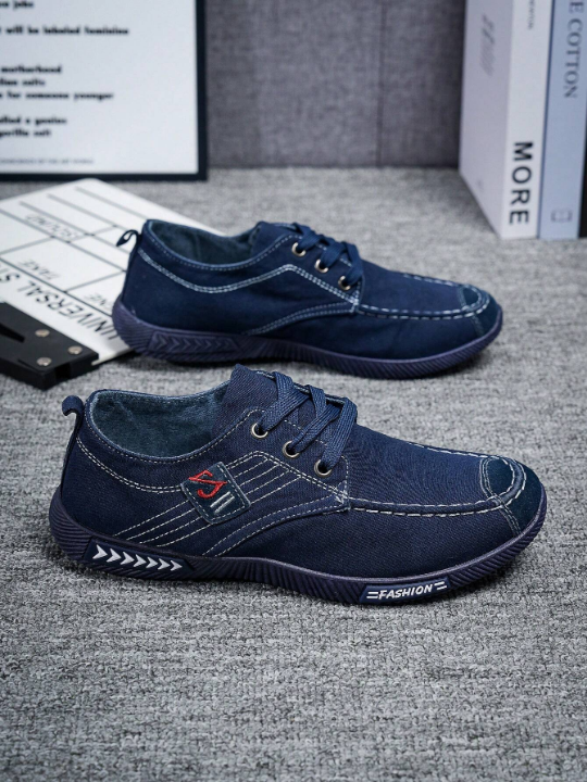 Men's Chinese Style Denim & Canvas Lazy Slip-on Sneakers With Strap, Breathable & Light-weight, Anti-odor & Athletic Shoes