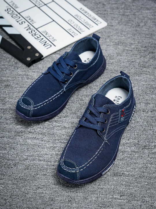 Men's Chinese Style Denim & Canvas Lazy Slip-on Sneakers With Strap, Breathable & Light-weight, Anti-odor & Athletic Shoes