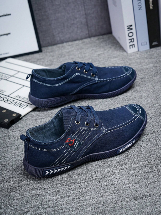 Men's Chinese Style Denim & Canvas Lazy Slip-on Sneakers With Strap, Breathable & Light-weight, Anti-odor & Athletic Shoes