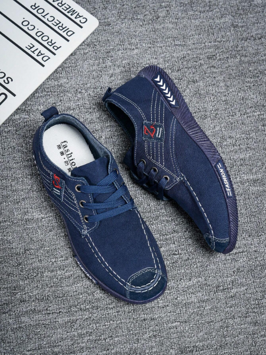 Men's Chinese Style Denim & Canvas Lazy Slip-on Sneakers With Strap, Breathable & Light-weight, Anti-odor & Athletic Shoes