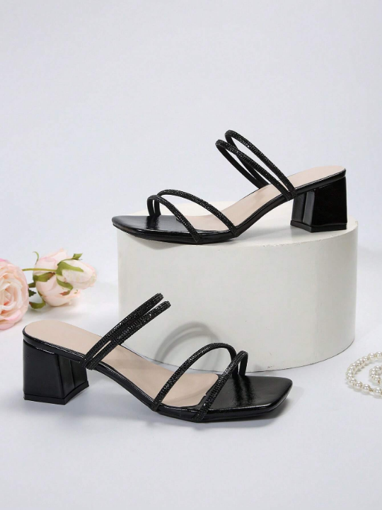 2023 Summer Women's Fairy Style Square Toe Chunky Heel Sandals, French Rhinestone High Heel Shoes