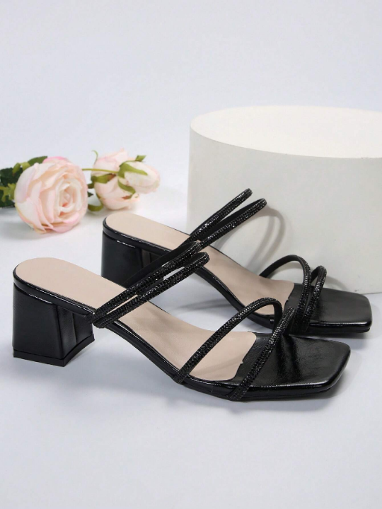 2023 Summer Women's Fairy Style Square Toe Chunky Heel Sandals, French Rhinestone High Heel Shoes