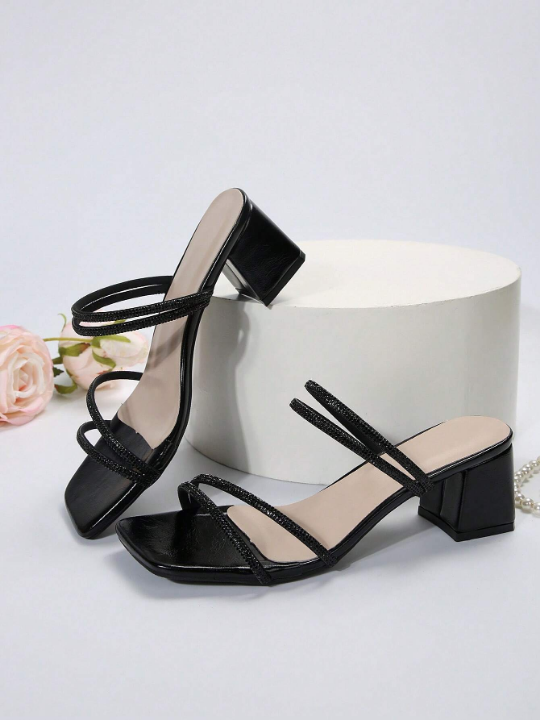 2023 Summer Women's Fairy Style Square Toe Chunky Heel Sandals, French Rhinestone High Heel Shoes