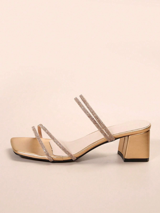 Fairy-style Square Toe Chunky Heel Sandals For Women, Summer 2023, French Diamond Decorated High Heels