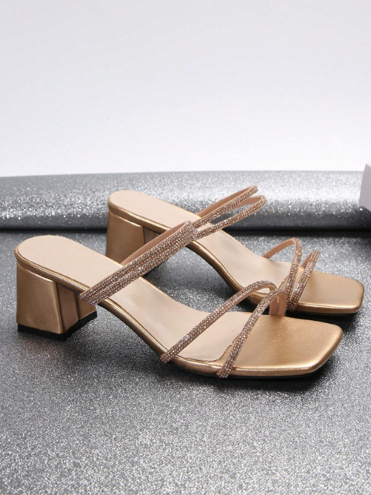 Fairy-style Square Toe Chunky Heel Sandals For Women, Summer 2023, French Diamond Decorated High Heels