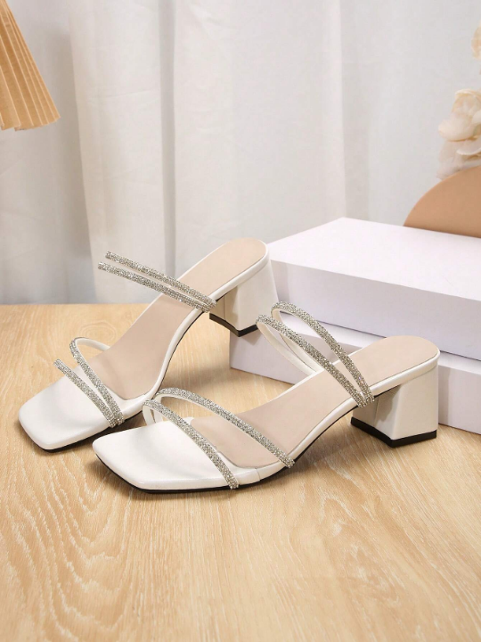 2023 Summer Women's Fairy Style Open Toe Chunky Heel Sandals With French Rhinestone Decoration