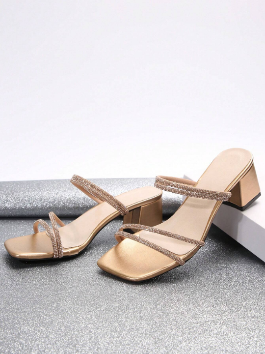 Fairy-style Square Toe Chunky Heel Sandals For Women, Summer 2023, French Diamond Decorated High Heels