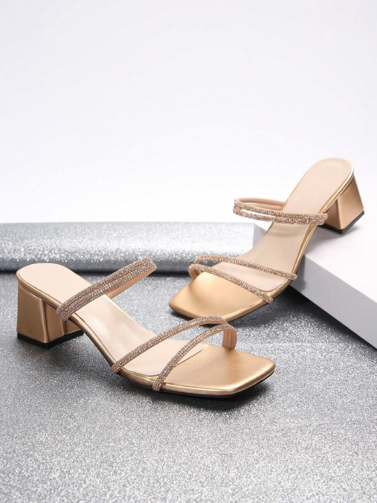 Fairy-style Square Toe Chunky Heel Sandals For Women, Summer 2023, French Diamond Decorated High Heels