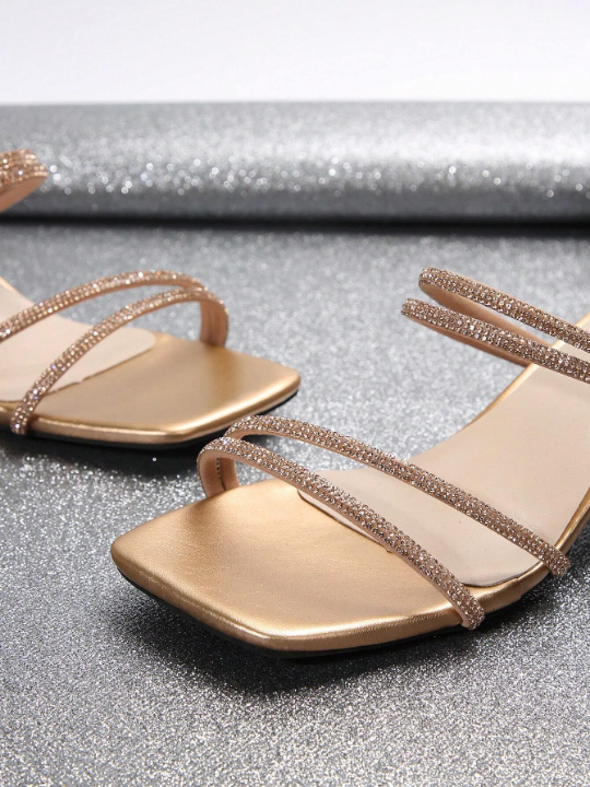 Fairy-style Square Toe Chunky Heel Sandals For Women, Summer 2023, French Diamond Decorated High Heels