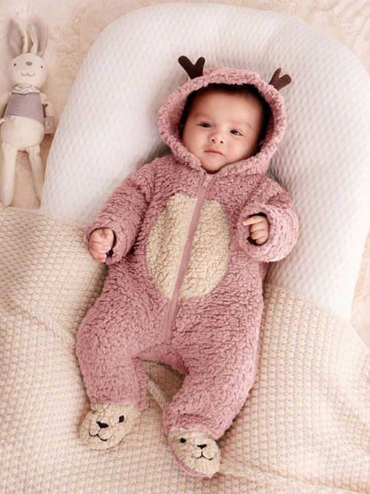 Cozy Cub Newborn Baby Girls' & Boys' Thickened Hooded Romper With Antlers Design